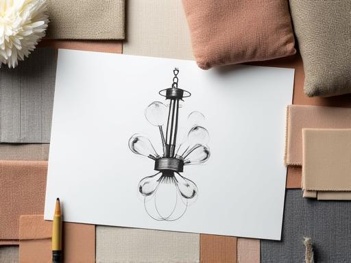 An interior designer's moodboard featuring fabric swatches and a custom light fixture sketch.